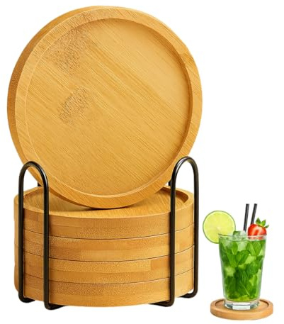 Juego de 6 Piezas Posavasos Elegantes de bambú y Madera Son Soporte de Metal, Posavasos Redondos para Bebidas como Cafe, te, Cerveza, Vino para Casa y Restaurante