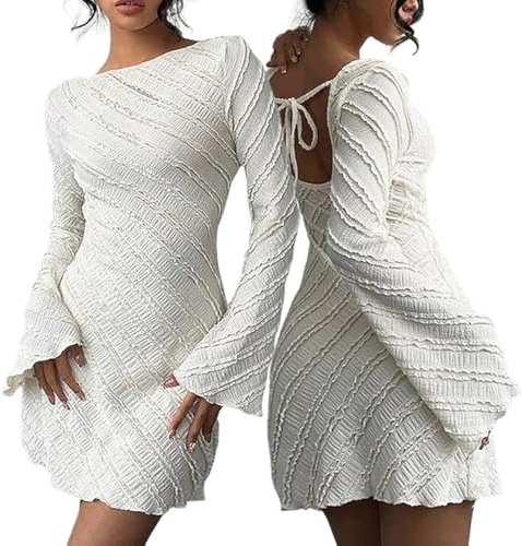 Hanaoops Vestito Donna Sexy a Maniche Lunghe Mini Abito a Maglia Elegante Corto Girocollo Senza Schienale A Linea Vestito Tinta Unita Casual Aderente Abito per Discoteca Cocktail Party Autunno Inverno