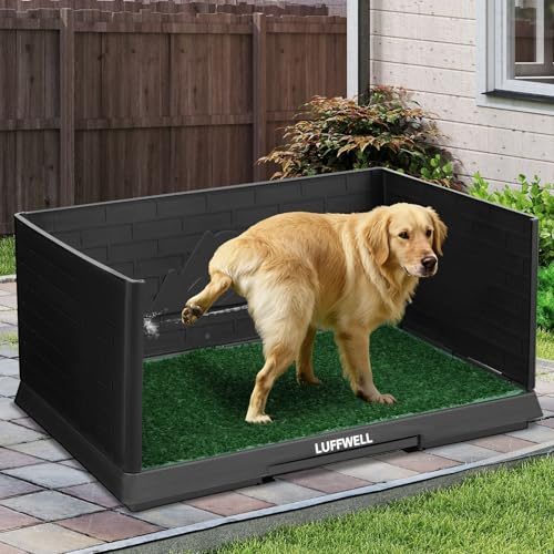 LUFFWELL Dog Grass Pad with Tray & Drawer, Indoor Dog Potty Training System, 2 Reusable Turf Pads, 3 High Walls for Splash Protection, Easy-Clean Urine Collection Drawer for Small/Medium Dogs