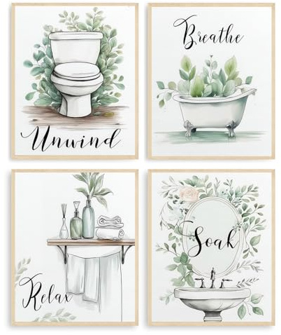 Dazzlewall Set di 4 Pezzi Decorazione Murale Bagno Verdure Minimalista, Poster con Scritte Rilassati, Immergiti, Sconnetti, Respira e Eucalipto per Bagno Toilette 20×25 cm Senza Cornice