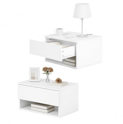 EGGREE 2er Set Nachttisch hängend, schwebendes Wandregal, Schublade, 40x30x22.5cm, modern, Wohnzimmer Schlafzimmer, Stabiler Holztisch mit Offener Ablage,weiß