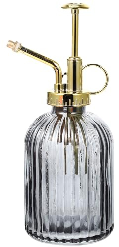 NUOBESTY Vintage Glas Sprühflasche 350ml – Retro Pflanzensprüher für Kleine Zimmer und Gartenpflanzen Bonsai Hängepflanzen Präzises Gießen Pumpzerstäuber mit Grauem Kopf und Goldener Düse