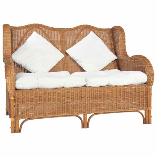 Yisssmeng Zweisitzer Rattansofa 86x121x88 cm Hellbraun Natur Rattan Leinen mit Cremeweißen Kissen Modernes Design für Wohnzimmer Büro Balkon
