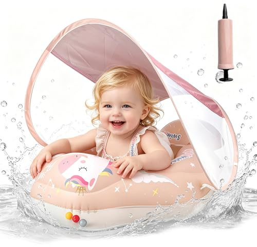 LYPPUL Simring baby, simring för bebisar med soltak, simstol barnbassäng, rosa babysimhjälpleksak, simhjälpleksak
