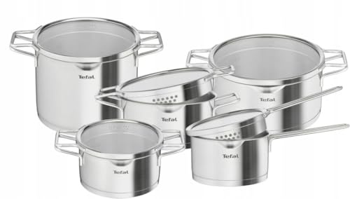Tefal Nordica Batterie de cuisine 10 pièces, casserole avec poignée 16 cm + casseroles 18/20/22/24 cm en acier inoxydable + couvercles en verre, bec verseur, égouttement facile, induction