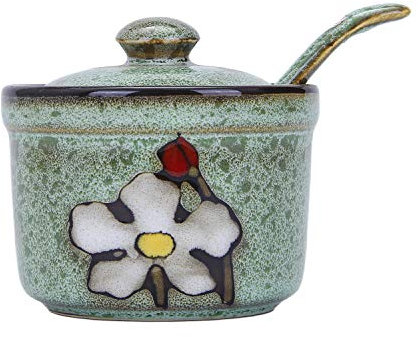 VanEnjoy Retro Hand Painted Flower Ceramic Round Sugar Bowls Spice Containers Porcelain Jar with Spoon Round Condiment