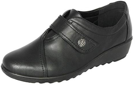 Cushion Walk Wide Fitting EEE Fit Shoes Women's Ladies Lightweight Black Faux Leather Slip-on Flat Shoes, Flats, Casual Work Office Comfort (7 UK, Black)