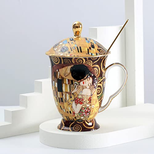 meowko Tazza da caffè con Coperchio e Cucchiaio in Osso Antica Pittura Cinese di Klimt Tazza da tè con Coperchio Tazza di Lusso Vintage in Porcellana Bone China
