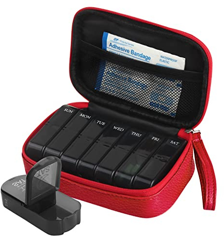 yeloumiss Pill Box 7 Day 2 Times a Day Weekly Pill Organiser (Red) | with Portable Zipper PU Leather Bag BPA Free AM PM Travel Pill Dispenser for Medication Capsule Vitamins Fish Oils