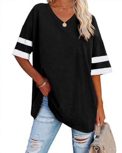 Ebifin T-shirt surdimensionné pour femme avec col en V, manches courtes, décontracté, basique, pour l'été, 02 - Noir, XXL