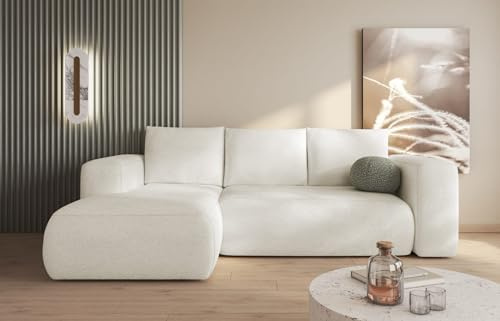 Easy4You Lambi Cream Corner Sofa L-Shape Left 266 x 89 x 164 cm with Sleep Function and Storage Space - Sofa Bed with Bed Box - Modern Living Room Furniture - Fabric: Boucle 01