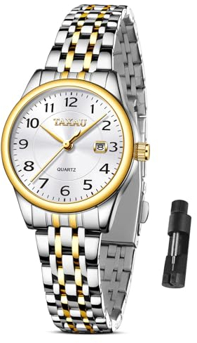 Taxau Armbanduhr Damen Einfach Klein Zifferblatt - Damenuhr mit Datum Wasserdicht - Klassisch Uhr Damen Quarzuhr Gold Silber Edelstahlband