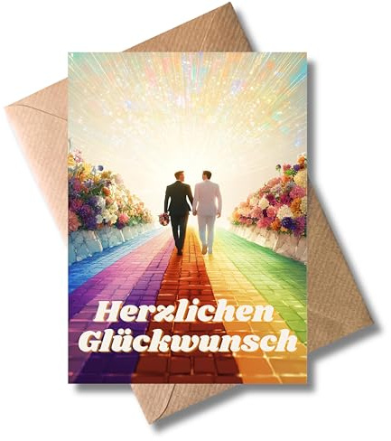 WBdesignz Hochzeitskarte für zwei Männer – DIN A6 – „Herzlichen Glückwunsch“ – LGBTQ+ Karte mit Regenbogenweg & Blumen – für Hochzeit, Verlobung oder Partnerschaft