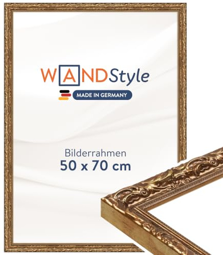 WANDStyle goldener Bilderrahmen 50x70 Holz, Bilderrahmen Gold Vintage | Hochwertiger Holzbilderrahmen Antik, Posterrahmen zum Aufhängen, Rahmen 70x50 cm, Fotorahmen H530 Made in Germany