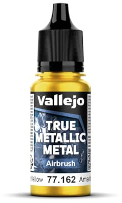 Vallejo Pintura True Metallic Metal 18ml Giallo Radiante, Colori per Aerografo, Finitura Omogenea e Alta Intensità, Formulazione Pronta all'Uso, Compatibile con Colori Base.