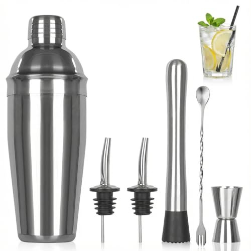 Cocktail Set,Coctelera Profesional 750 mL(25oz),6 Piezas Juego de coctelera de Acero Inoxidable,Juego de coctelería de Ginebra,Accesorios de Coctel,Vasos de Coctel,Bares,Navidad,Fiestas,cócteles