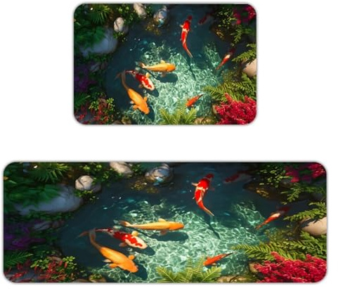 CAUMTLZ Koi Fish Pond Garden Scene Kitchen Rugs 2 Piece Set,Non-Slip Absorbent Washable Kitchen Floor Mats,Comfort Standing Mats for Sink Front Home Decor 16x24 & 17x47 Inch