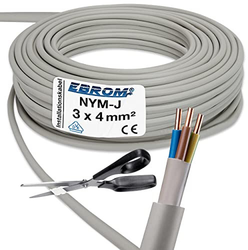 EBROM NYM-J 3x4 mm² - Mantelleitung - Installationskabel - Feuchtraumkabel - grau - Auswahl in 1 Meter Schritten - Meterware auf den Meter genau - Ihre Auswahl: NYM-J 3x4 mm2, Länge: 15 Meter