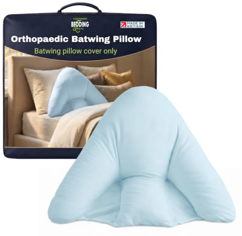 Lancashire Bedding Orthopaedic Batwing Pillow, Light Blue Polycotton Pillowcase - Back & Lumbar Support, RDS Certified Duck Feather Filling, 100% Cotton Casing - 29x33 Made in Britain Reading Pillow