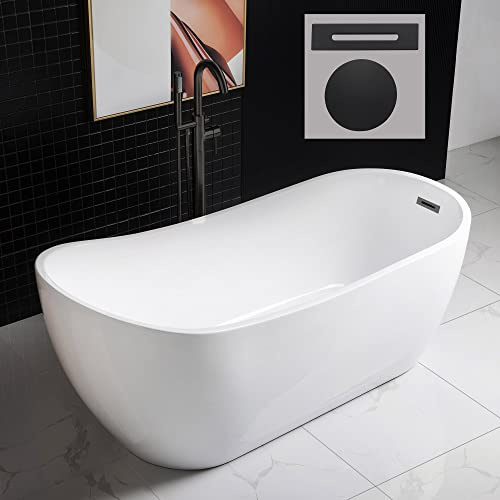 WOODBRIDGE 67 Acrylic Freestanding Bathtub Contemporary Soaking White Tub with Matte Black Overflow and Drain，B0001 -MB-Drain &O