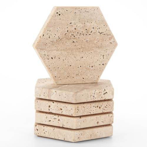 WORHE Natürlich Travertin Stein Marmor Untersetzer 5 Stüc,sechseckig Beige Stein Untersetzer für Ihre Getränke, Getränke Wein，Bargläser，Beige Weiß DL009
