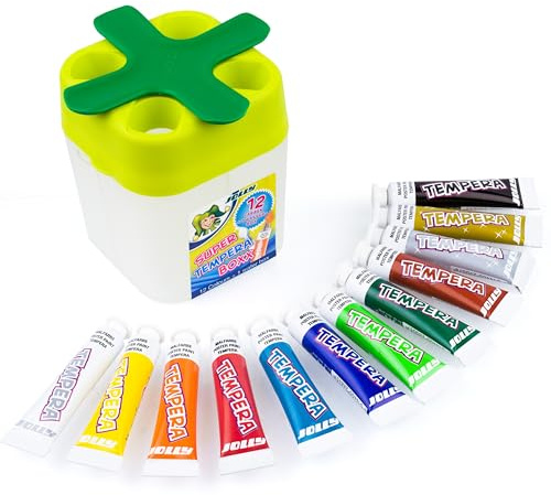 JOLLY Super Tempera Boxx Aquaboxx Lot de 12 peintures Super Tempera de 7,5 ml de peinture scolaire, boîte à eau avec 4 compartiments, kit gouache, design anti-fuite