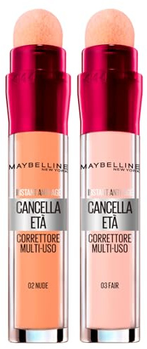 2x Maybelline New York Correttore Liquido Il Cancella Età Colori 03 Fair e 02 Nude con Bacche di Goji e Haloxyl Copre Occhiaie e Piccole Rughe