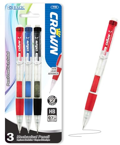 BAZIC Products Crown 0.7 mm Mechanical Pencil, Soft Grip Smooth Writing Pencils Lead, Latex Free Eraser (3/Pack), 1-Pack