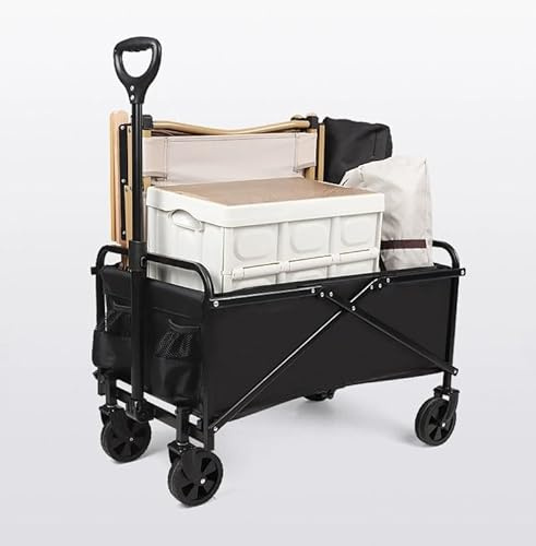 Abaseen Black Foldable Garden Trolley Heavy Duty Outdoor Garden Utility Wagon Collapsible Removable Polyester Fabric with PVC Coating Folding Cart Trolley on Wheels with Adjustable Handle | 80KG