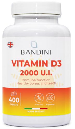 Bandini® Vitamin D 60,000 IU/Month 400 Tablets (+1 Year), Immune Defence, Bone, Teeth and Muscle Health, Calcium Metabolism, 50 mcg Cholecalciferol, Pure Vitamins D3, VIT D 3 High Dosage