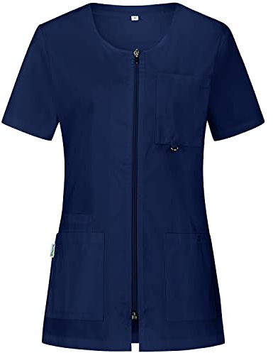 B-well Blouse Médicale Esthéticienne Professionnelle Femme Manches Courtes Col en V Fermeture Éclair 4 Poches