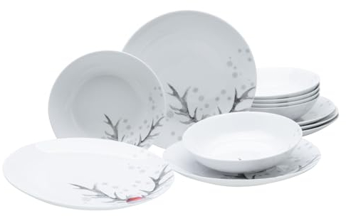 CreaTable, 13917, Serie Luna Hirsch, 12-teiliges Geschirrset für 6 Personen, Tafelservice aus Porzellan, spülmaschinen- und mikrowellengeeignet, Qualitätsproduktion
