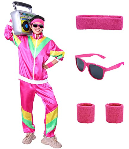 Alaiyaky 80er 90er Jahre Outfit Herren Damen, 80er Trainingsanzug mit Jacke Hose Schweißbänder Sonnenbrille, 90er 80er Jahre Kleidung Bad Taste Outfit für Karneval Halloween Paare