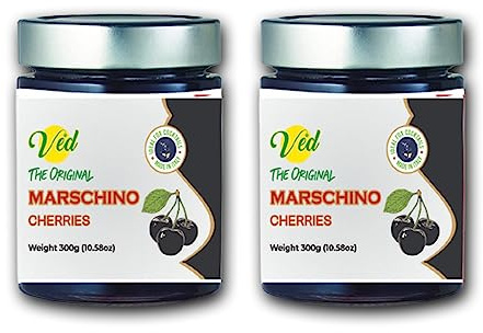 Ved Gourmet Originali Ciliegie Nere al Maraschino - Ciliegia Italiana per Cocktail Old Fashioned - Cocktail Vegano, Ciliegie Bourbon allo Sciroppo Naturale per Guarnire Cocktail, (Pack Of Two)