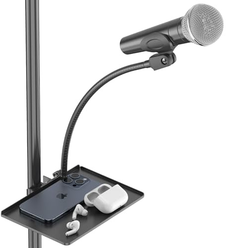 Microphone Stand Tray with Gooseneck Microphone Holder, Clip on Tray for Mic Stands or Music Stands with a Diameter of 5-28 mm, Holds Bluetooth Headset, Phones, Sound Cards, Maximum load capacity 3kg