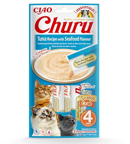 INABA Churu Snack per Gatti Cremoso con Tonno al Gusto di Frutti di Mare - 1 Pack (4 Stick x 14gr) - Cibo per Gatti da Leccare, Sano e Delizioso - Snack Gatto Senza Conservanti o Coloranti Artificiali