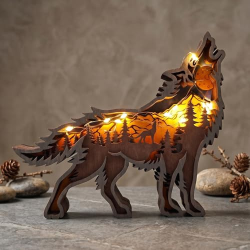 Drawelry Madera Estatua de Animal Adornos con LED Noche Luces Cadena Mano Tallada Escultura Bosque Animales Figura Artesanías Decoracion para Hogar Oficina Escritorio Deco Navidad Regalos (Lobo)