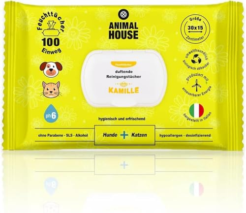 Animal House Chamomile Wipes 100 Pieces Natural Moisturizing and Soothing Wipes, Biodegradable and Hypoallergenic, for Daily Cleaning of Dogs and Cats