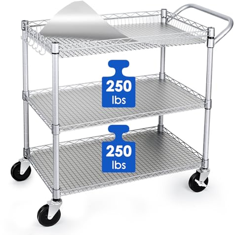 WDT Heavy Duty 3 Tier Utility Cart,Wire Rolling Carts with Wheels, Commercial Grade Service Cart with Shelving Liners and Handle Bar Metal Carts for Kitchen Office Hardware (750LBS Capacity Silver)