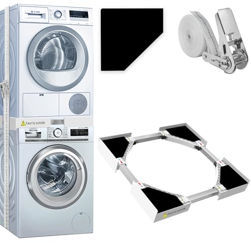 BOWEN EZ Kit d’empilage pour lave-linge et sèche-linge, kit de cadre d’empilage universel pour lave-linge, adapté à la laveuse d’une largeur de 46 à 66 cm, kit d’empilage réglable avec corde à cliquet