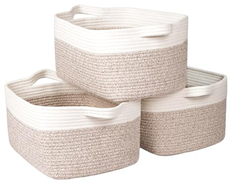 Univivi 3-Pack Rope Storage Baskets for Shelves - Woven Container for Towels, Blankets, Shoes and Baby Items in White & Khaki