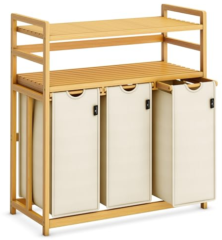 AdelDream Wäschekorb 150 l 3 Fächer 2 Regale ausziehbarer und abnehmbarer Wäschesack Wäschesammler Bambusrahmen Wäschebox laundry baskets Wäschesortierer Bambus Beige