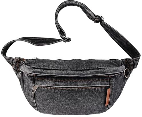 Extolove Grand Sac Banane en Jean pour Femme avec Sangle réglable, Noir, Large