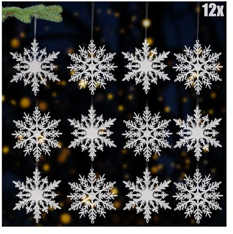com-four® 12x Deko Anhänger Schneeflocken, Transparente 10 cm | Vielfältige Weihnachtsbaumschmuck-Designs