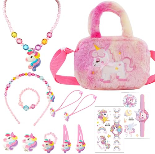 Einhorn Handtasche Geschenk, Mädchen Einhorn Handtasche Schmuck Set, Einhörnern Kinderschmuck Handtasche, Mädchen Armband, Ring, Haarspange, Einhorn Kleines Mädchen Rollenspiel Geburtstagsgeschenk