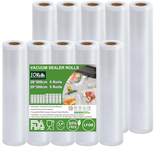 Omtofo Rouleau Sous Vide Alimentaire, 10 Rouleaux Sac Sous Vide Alimentaire pour L'appareil de Mise Sous Vide, 5 Rouleaux 20x300cm + 5 rouleaux 28x300cm, Film Sous Vide Alimentaire sans BPA