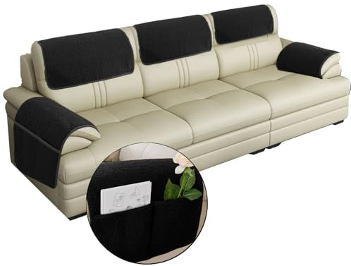 OREZAUQS Armlehnenschoner Lamm Samt Armlehnenbezüge mit Taschen rutschfeste Armlehnenschoner Kopfstützenbezug für Sofa Stuhl Couch Waschbarer (Schwarz,A+4*B+C)