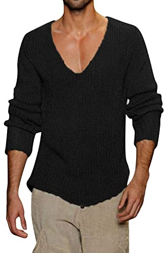 Foweknow Jersey para hombre, suéter de punto de negocios, vintage, invierno, ajustado, básico, cálido, sin capucha, cuello de pico, suéter de trabajo, sólido y cómodo, camiseta de manga larga