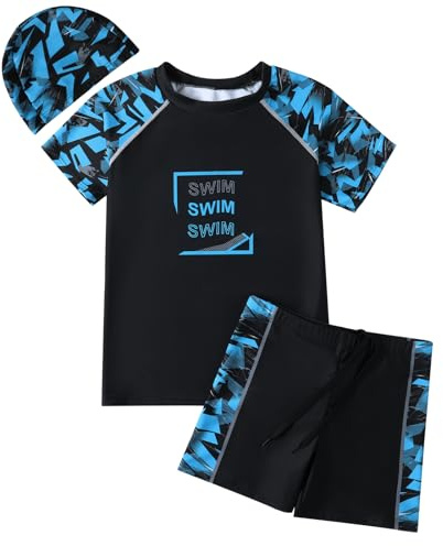 Hotfiary Boys Swimming Costume Rash Guard & Trunk & Cap 6-15 Years | Big Kids Two Piece Swimsuit, Short Sleeve Rash Vest Top & Shorts Set, UPF50+ & Quick Dry Swimwear, Summer Beach Bathing Suit