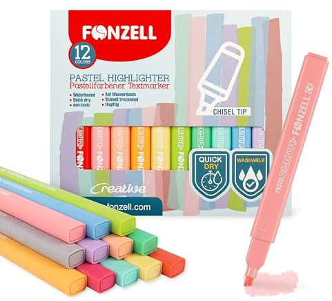 Fonzell Pastell Highlighter Set – 12 Farben Textmarker mit Meißelspitze, Wasserbasiert & Ungiftig – Schnelltrocknend, Kein Verschmieren, Perfekt für Schule, Büro & Bullet Journal